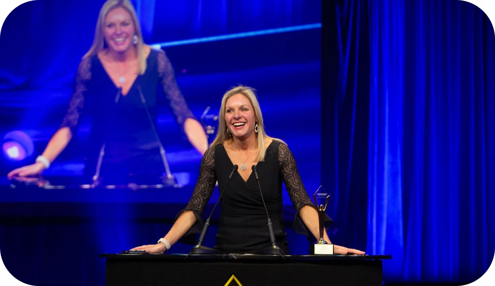 The stevie awards app logo on a purple background.